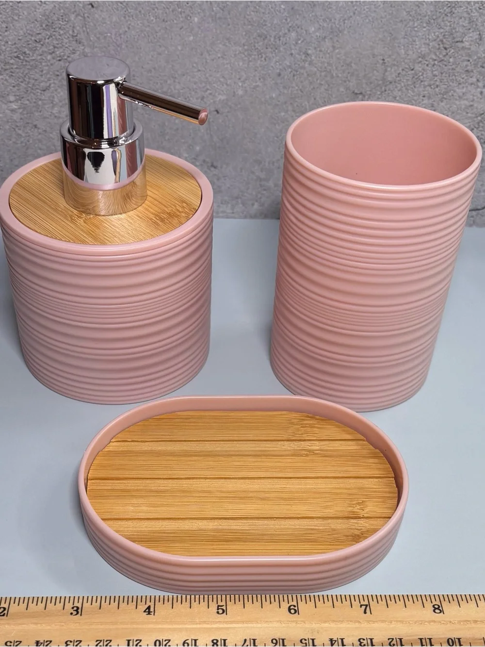 Pink Ceramic and Bamboo Bath Accessory Set - 3 Piece